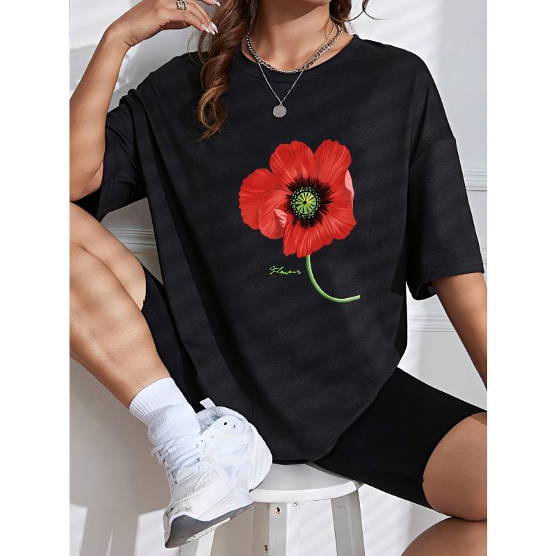 Women Casual T-Shirt White Poppy Flower Print With Green Stem And Signature For Daily Wear And Spring Outfits