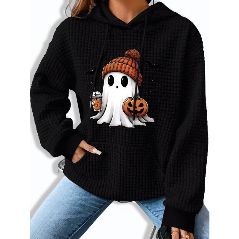 Women'S Halloween Ghost & Pumpkin Print Hoodie,Casual Knit Polyester Sweatshirt with Kangaroo Pocket,Long Sleeve Drawstring Hooded Top for Fall/Winter