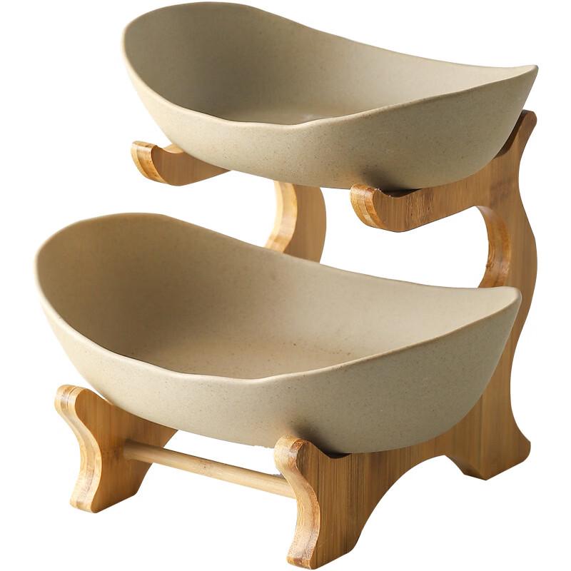 ZISIZ Double-Layer Ceramic Fruit Plate with Bamboo Stand
