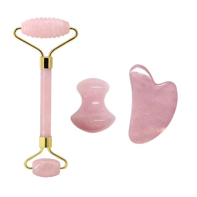 Natural Jade Stone Rose Quartz Jade Roller Gua Sha Facial Massager Set Gouache Scraper Body Wrinkle Remover Beauty Tools