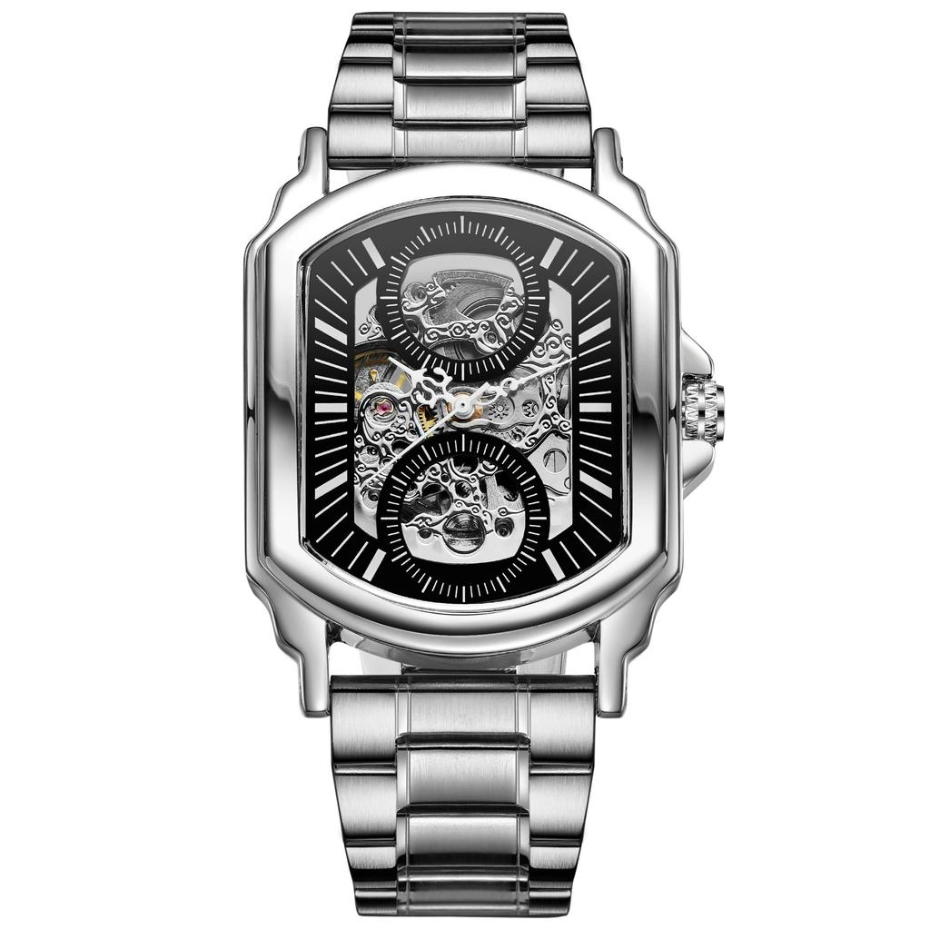 New Luxury Design Transparent Case Silver Stainless Steel Mens Watches Top Brand Luxury Automatic Self-Wind Skeleton Wristwatch