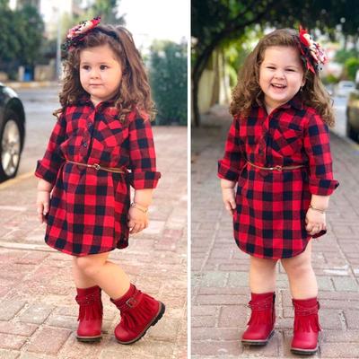 Girl's Spring and Fall Red Plaid Long-sleeved Dress