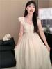 French Sweet First Love Xiaofei Sleeve Summer Dress New Waist Thin Knee Long Dress Temperament Beige