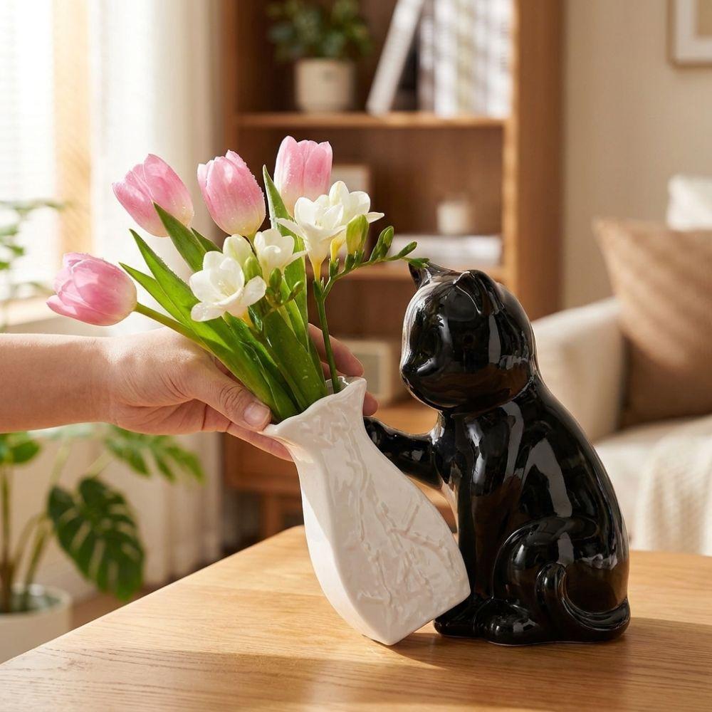 Unique Cat Pushing Vase Ceramic Flower Container Kitten with Tilted Flower Vase Shelf Decoration