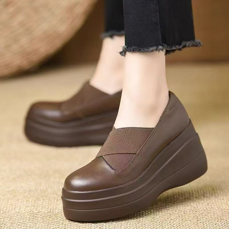 Not tired feet single shoes 2025 comfortable wedge heel loafers autumn versatile wedge heel small leather shoes high heel casual shoes