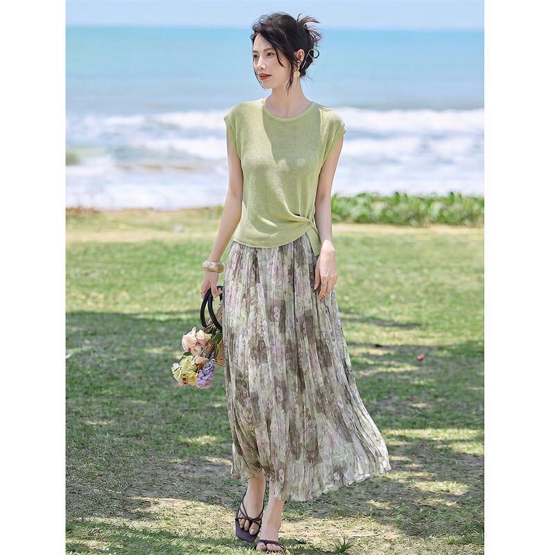 Xinfayu Elegant Slim-Fit Linen Knit Top & Flowy Skirt Set