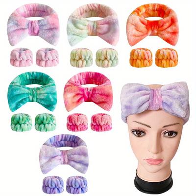 Stirnband und Handgelenkbänder, Make-up-Stirnband und Handgelenkhandtücher zum Waschen des Gesichts, flauschige Schleifen-Stirnbänder