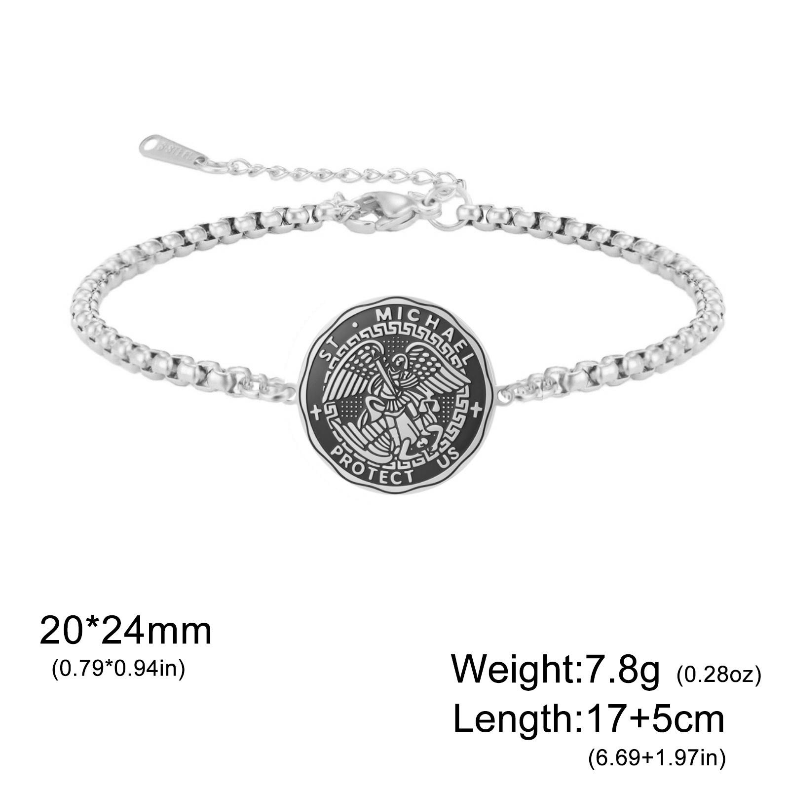 St. Michael Protect Us Medal Bracelet for Men Stainless Steel Box Chain Archangel Saint Michael Bracelet Catholic Jewelry Gift 17cm