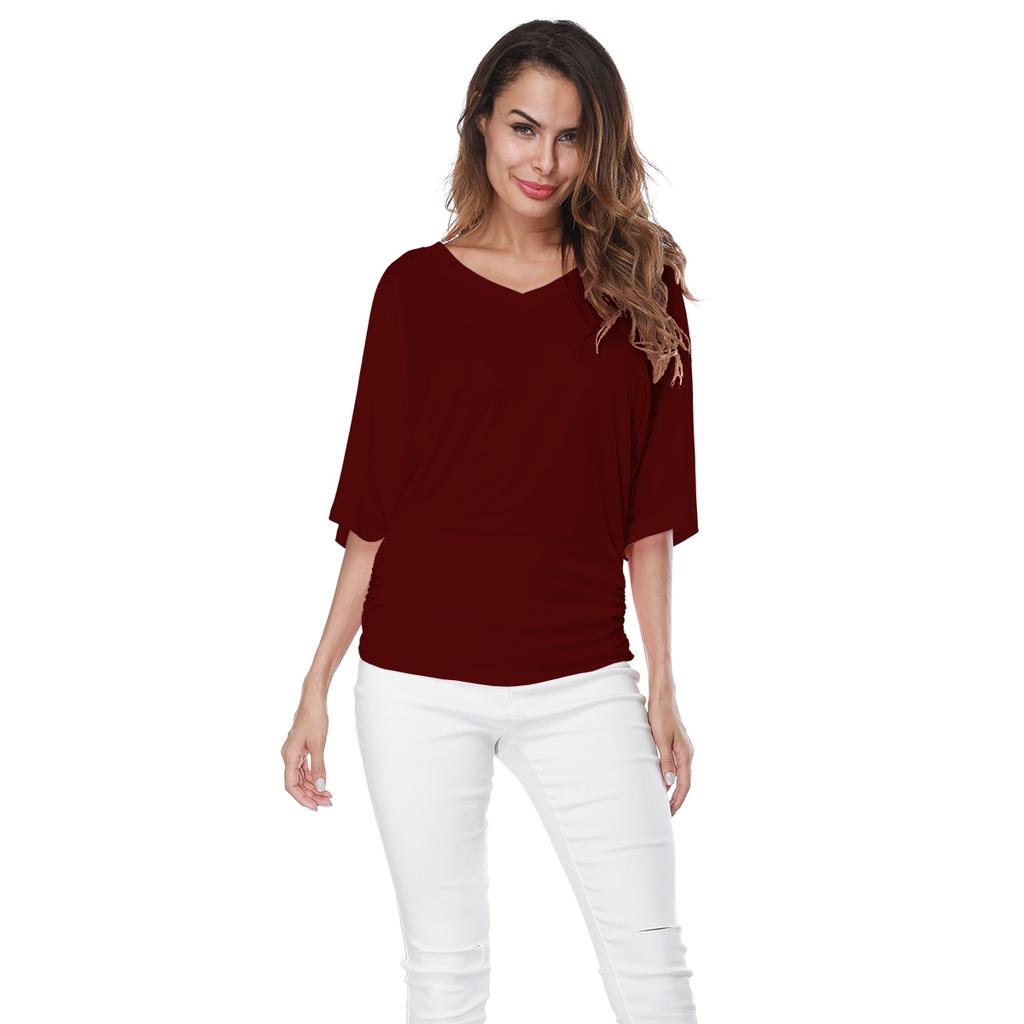 Large Size Top Women's Solid Loose Bat Sleeve V-neck Short Sleeve T-shirt