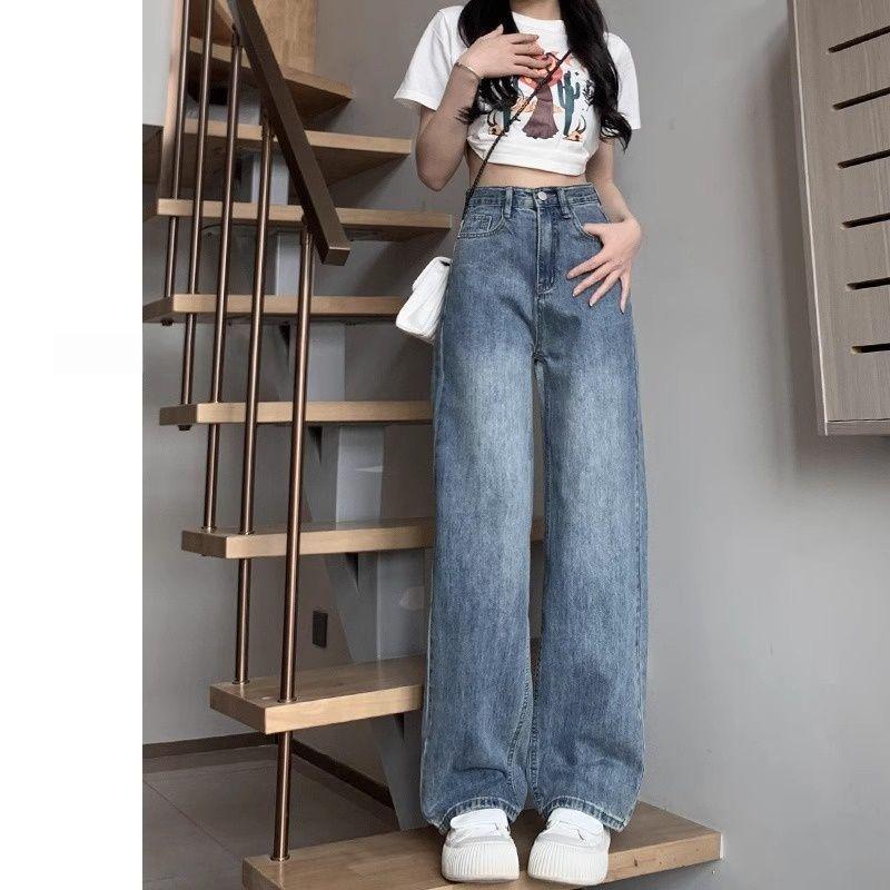 Light Color Fleece-Lined High Waist Wide Leg Jeans for Women - Slimming, Loose Fit, Floor Length for Pear Shape, Autumn/Winter