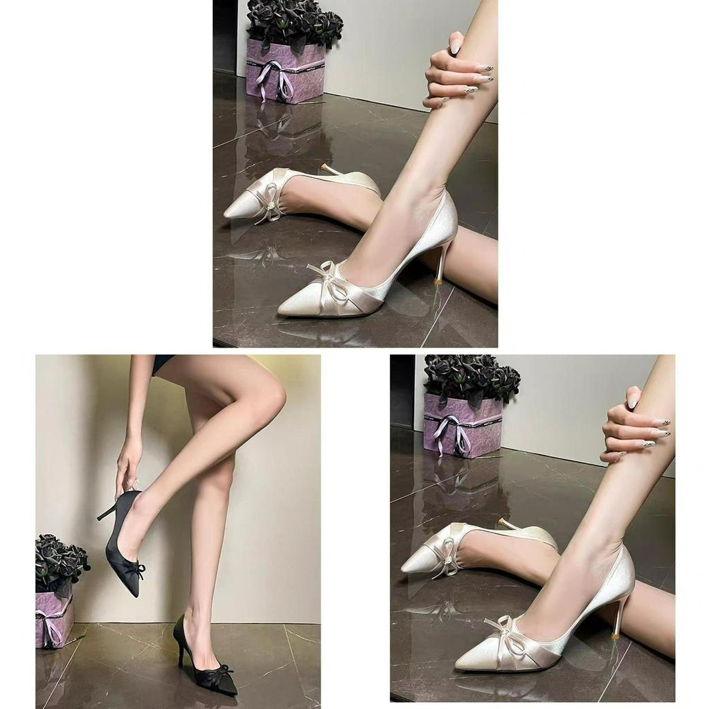Satin Pointed Toe High Heels For Women With Bowknot And Slipon Design For Casual Fashion