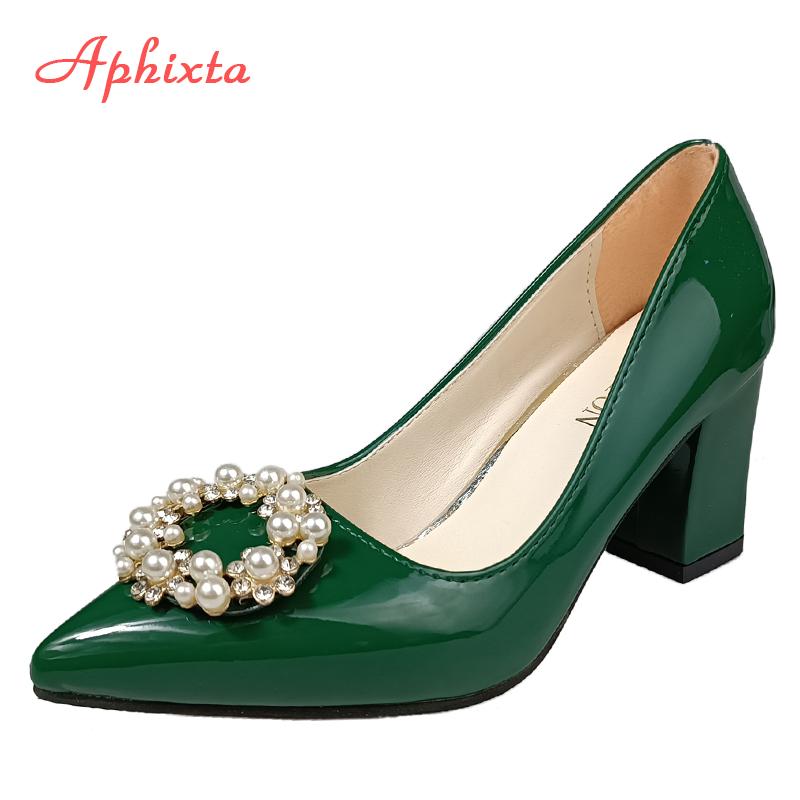 Fashion Aphixta New 7cm Square Heel Baby Pink Pearl Crystals Buckle Patent Leather Women Pumps Officile Pointed Toe Shoes Big Size 35-53