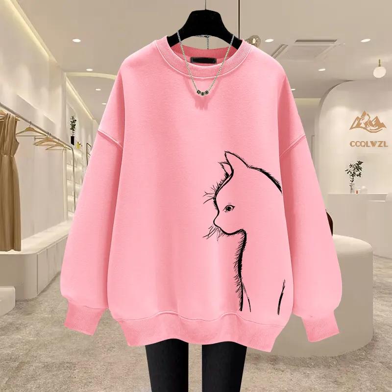 Autumn Winter Casual Printing Vintage O-neck Loose Sweatshirts Women Clothes Solid Color Long Sleeve Pullover Top