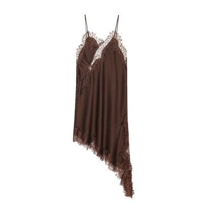 Robe débardeur d'été pour femme en dentelle marron à ourlet irrégulier