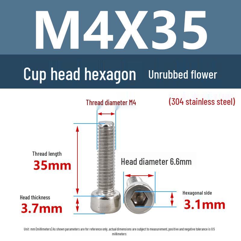 Yigu 304 Stainless Steel Socket Head Cap Screw, M2-M6 Cylindrical Head, Full Thread, Non-Knurled