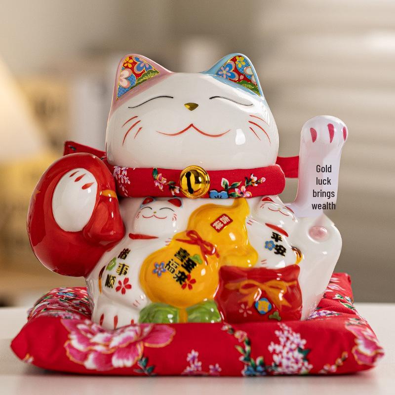 Electric Waving Lucky Cat Ceramic Ornament for Home, Living Room, Shop, or Cashier Desk.