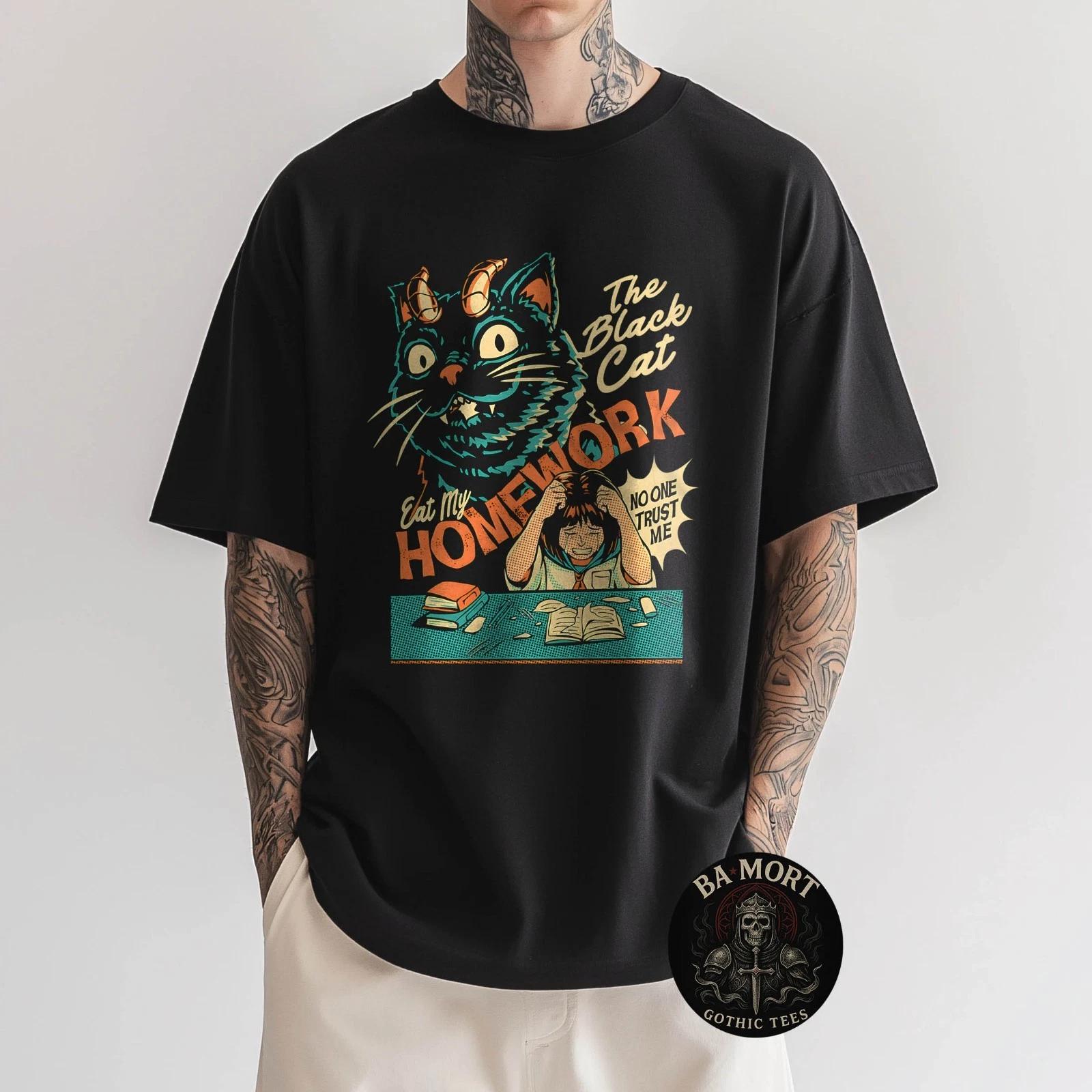 The Black Cat Ate My Homework Retro Horror School Art T-Shirt 4XL