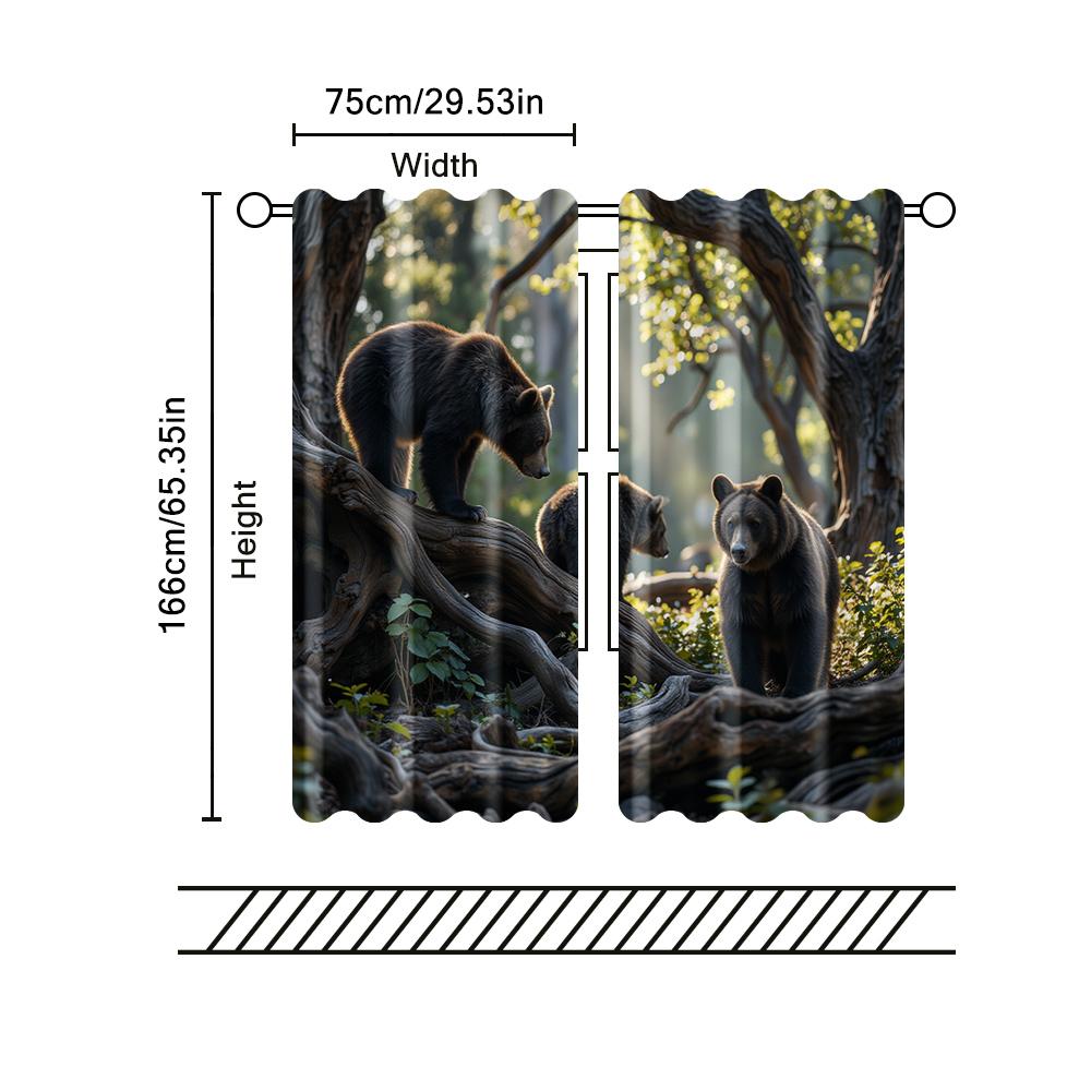2 Pcs, Filtering Curtains (excluding Rods, Non-movable, Without Batteries) Bears Play In Forest for Use In Bedrooms and Living