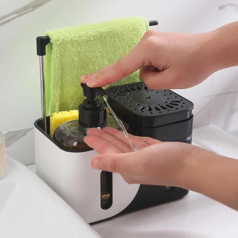 Plastic Hand and Dish Soap Dispenser Set Refillable Rag Holder Dual Soap Dispenser with Sponge Holder Dishcloth Holder Hotel