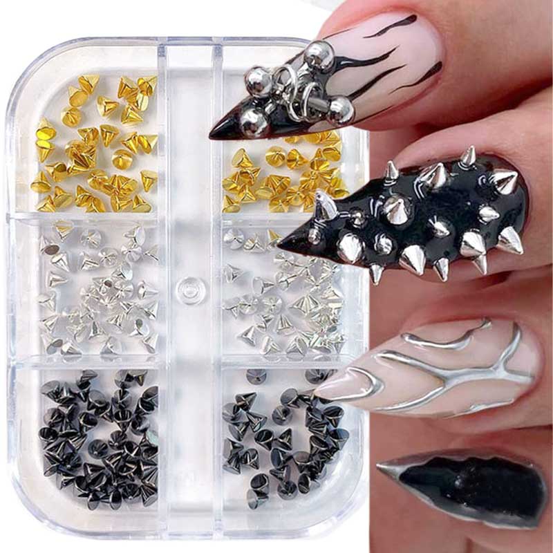 1box 3D Mini Metal Punk Nail Art Studs 1.5-3mm Black Silver Cone Rivets Nail Charms Mixed Size Shiny Gothic Nail Gems DIY Crafts