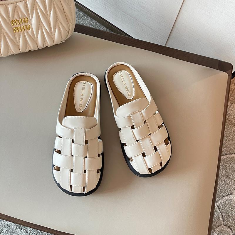 Leather hollow woven slippers outer wear 2025 summer new one-pedal Roman retro casual bag head half slippers