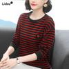 Women's Long Sleeve Pure Cotton Clothing O-Neck Striped Spliced Spring Summer T-Shirts Love Pattern Appliques Tops Streetwear