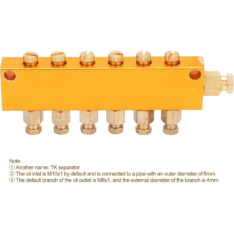 Brass Oil Distributor 5/6 Way Adjustable Lube Oil Piston Distributor Value Manifold Block for Centralized Lubrication System(1 in 6 Out)