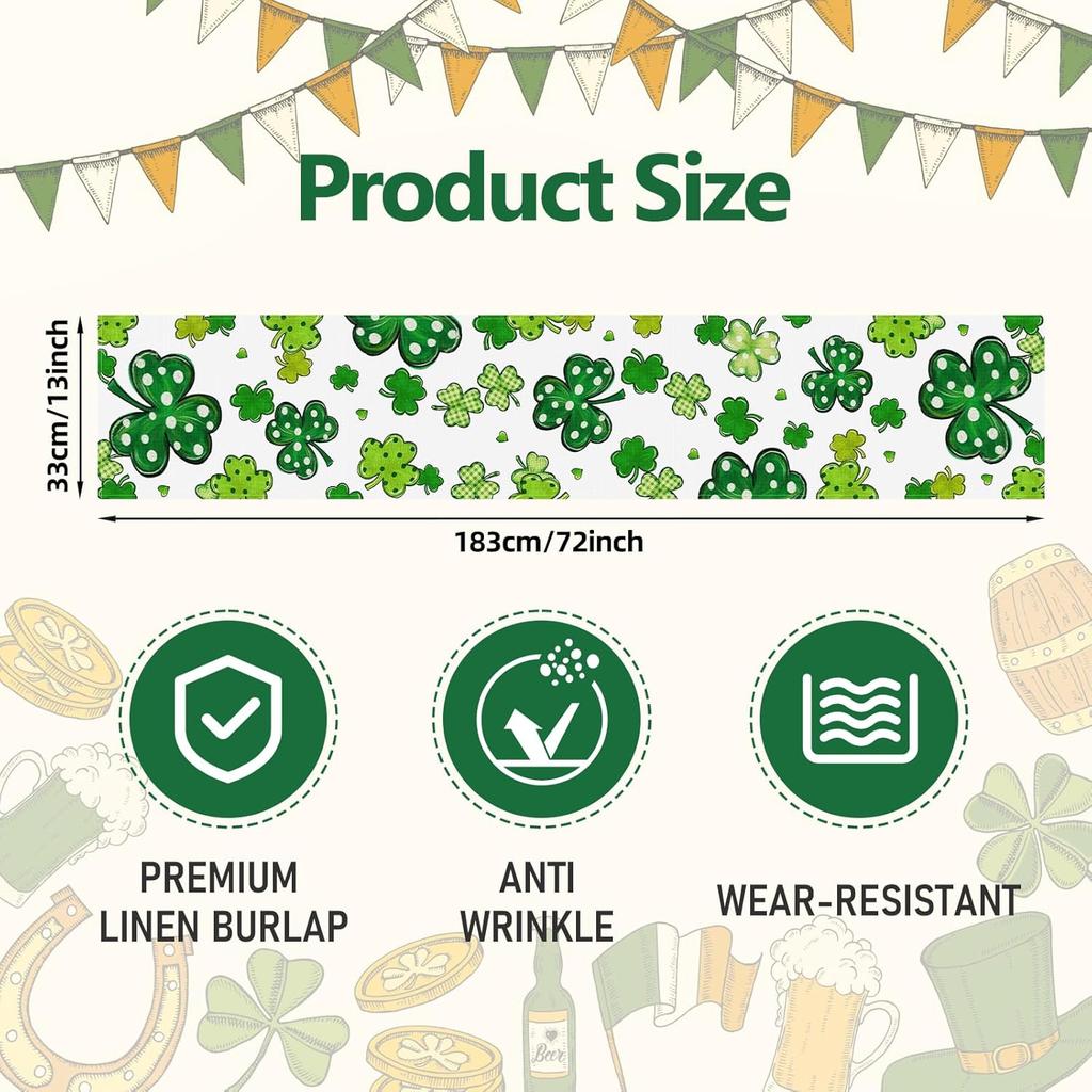 72 x 13 Inch St. Patrick's Day Table Runner Decorations, Linen Green Shamrock and Polka Dot Clover Pattern Table Runner for Irish Celebration, Home,