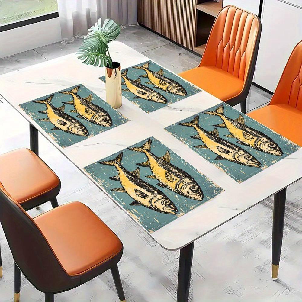 Set di 4 tovagliette danesi con incisioni su legno a forma di pesce, design vintage con sardine, 30x45 cm, eleganti tovagliette stampate per sala da pranzo, cucina e arredamento per la casa.
