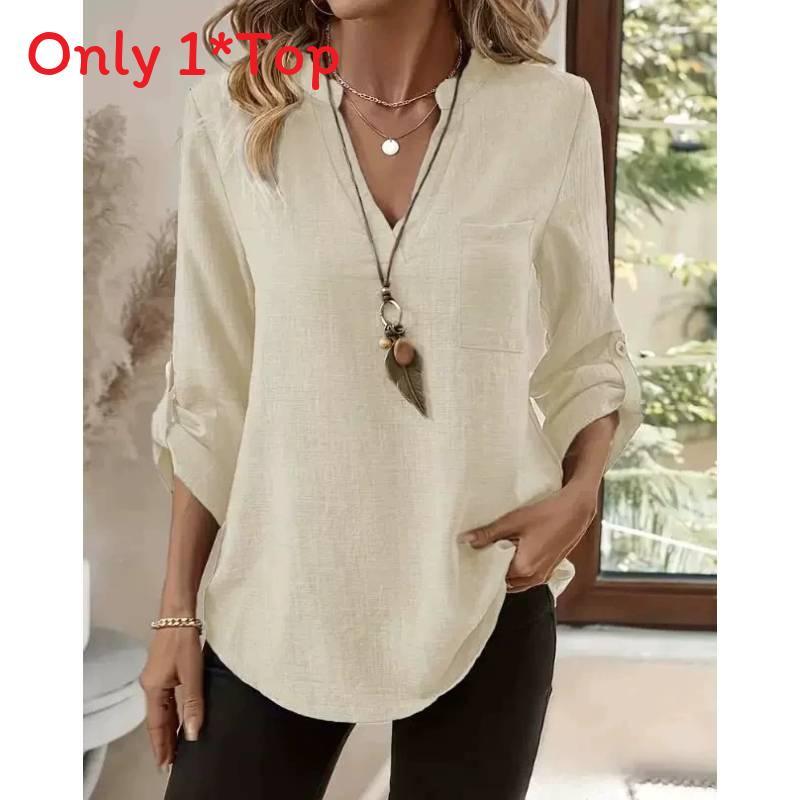 Womens Casual Cotton Linen Blouse With Pockets And Vneck For Summer