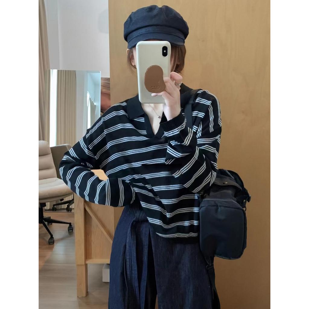 Vintage lazy wind polo collar loose striped knitted sweater women's spring and autumn new casual long-sleeved top