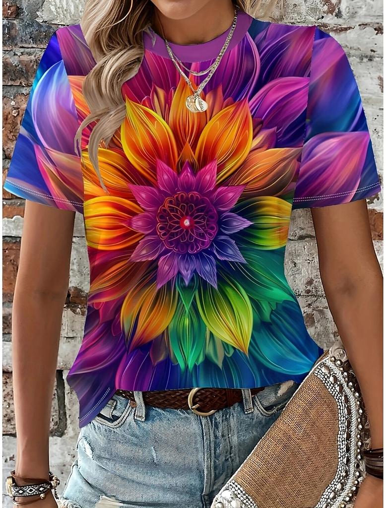 Women's Beautiful Flower Printed T-Shirts Short Sleeve Tees Tops 3D Prints O-Neck Shirt Summer Casual Women's Clothing Apparel
