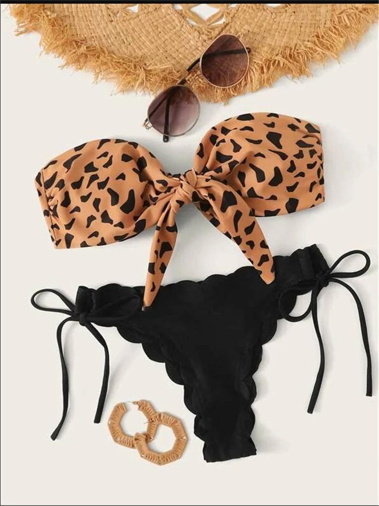 Beach Bikini 2025 Woman Sexy Front Lace Up Tie Bandeau Leopard Swimsuit Female Push Up Ruffled Bow Bathing Suit Thong Swimwear