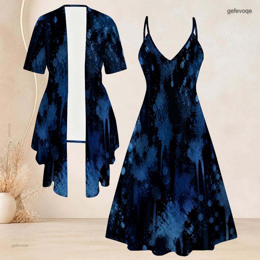 Women Plus Size Two Piece Set Short Sleeve Draped Cardigan Strappy V Neck Flared Printed Dress Dark Blue Gold