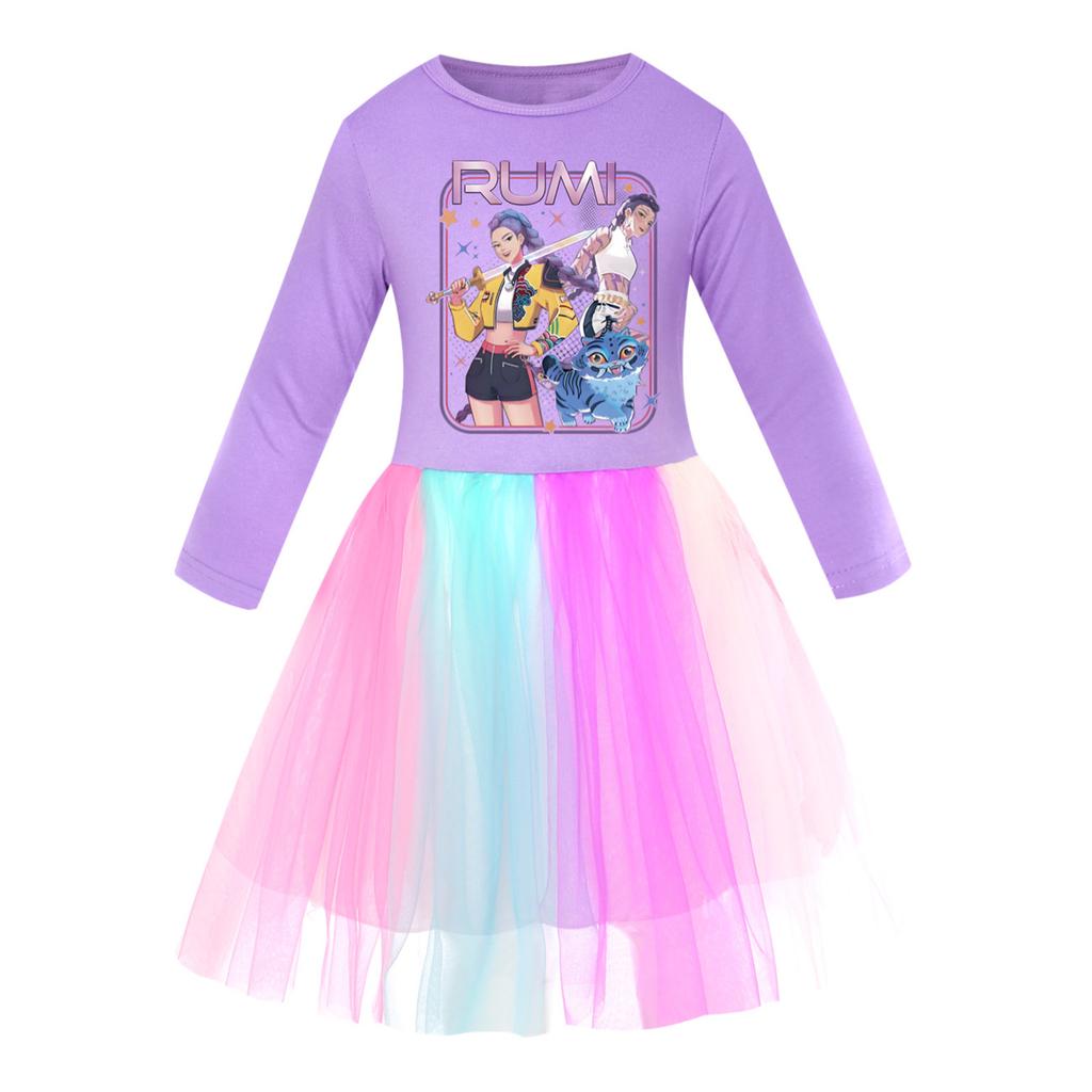 Girls' Star-Print Skirt Round-Neck Long-Sleeve Colorful Lace Patchwork Dress
