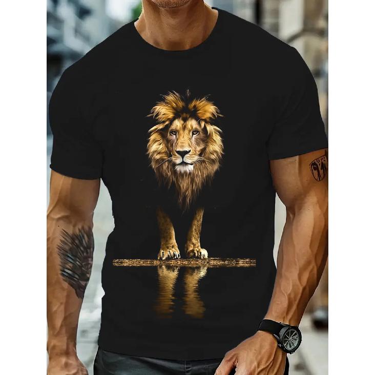T-shirt nera in cotone da uomo con grafica di leone realistica, manica corta, girocollo, vestibilità rilassata per abbigliamento casual e attività all'aperto