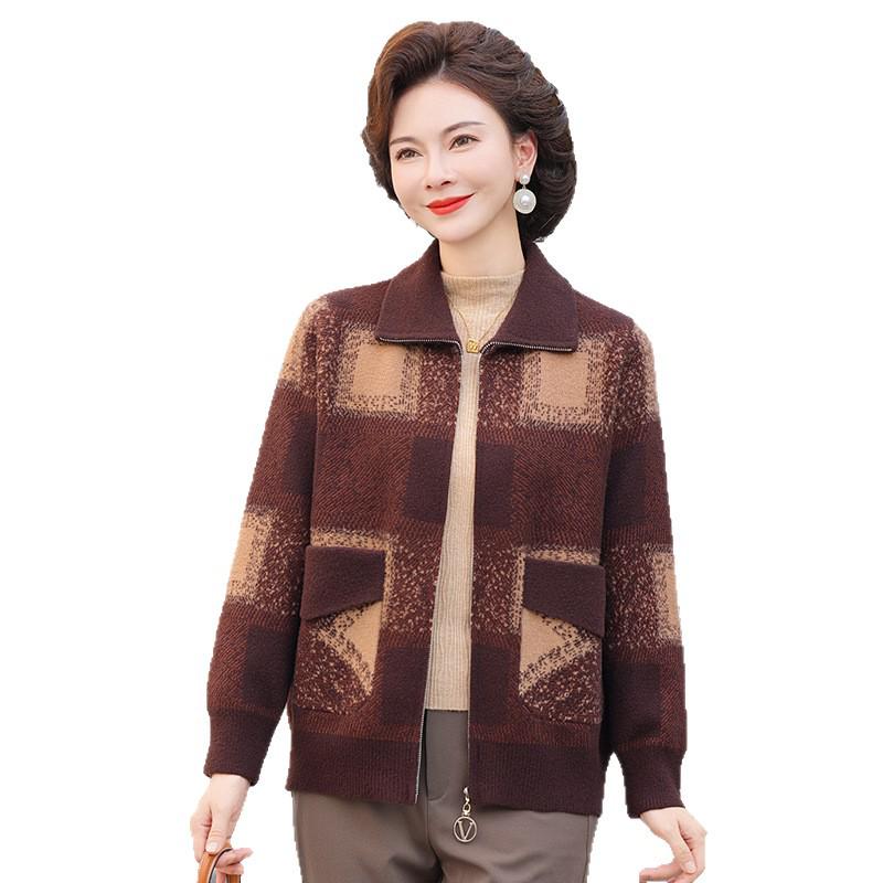 Karriertes Koreanisches Samt-Revers-Reißverschluss-Strickjacke für mittelalte und ältere Frauen – Herbst/Winter Strickwarenmantel