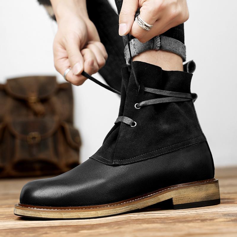 Stylish Male Business Casual High Top Shoes Genuine Leather Lace-Up for Men Motocross Boots High Quality All-match Male Boots