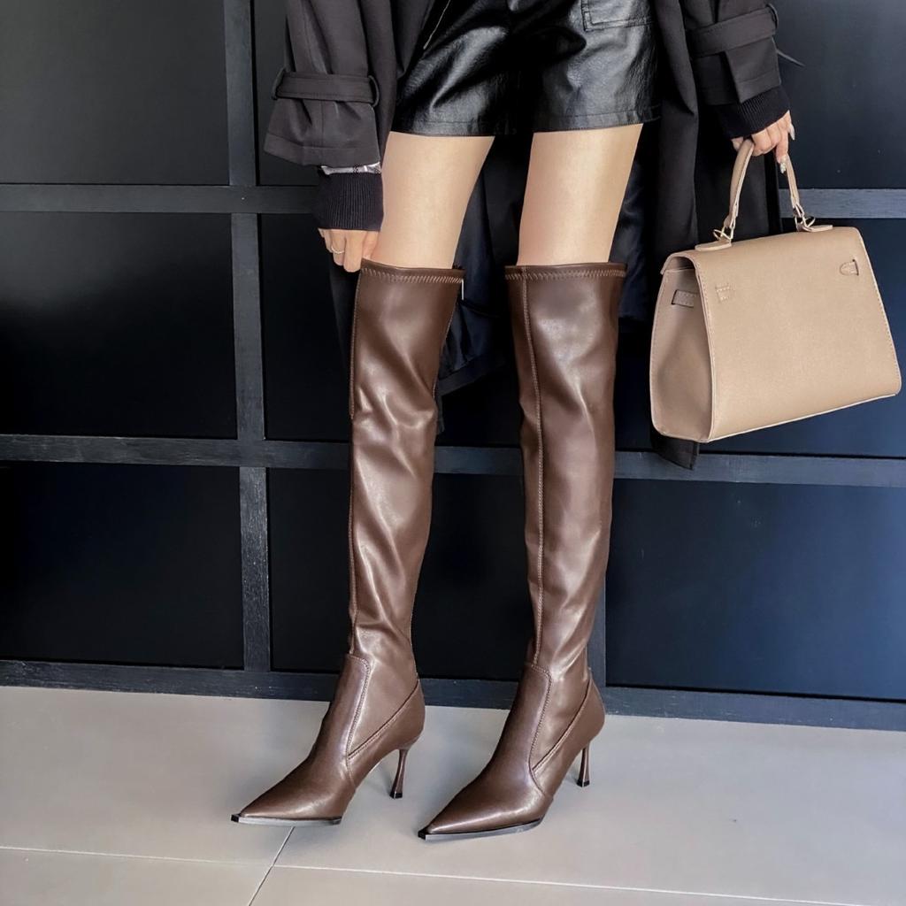 Over-knee boots women's 2025 autumn and winter new pointed thin heel Korean version versatile high heel elastic thin boots white boots