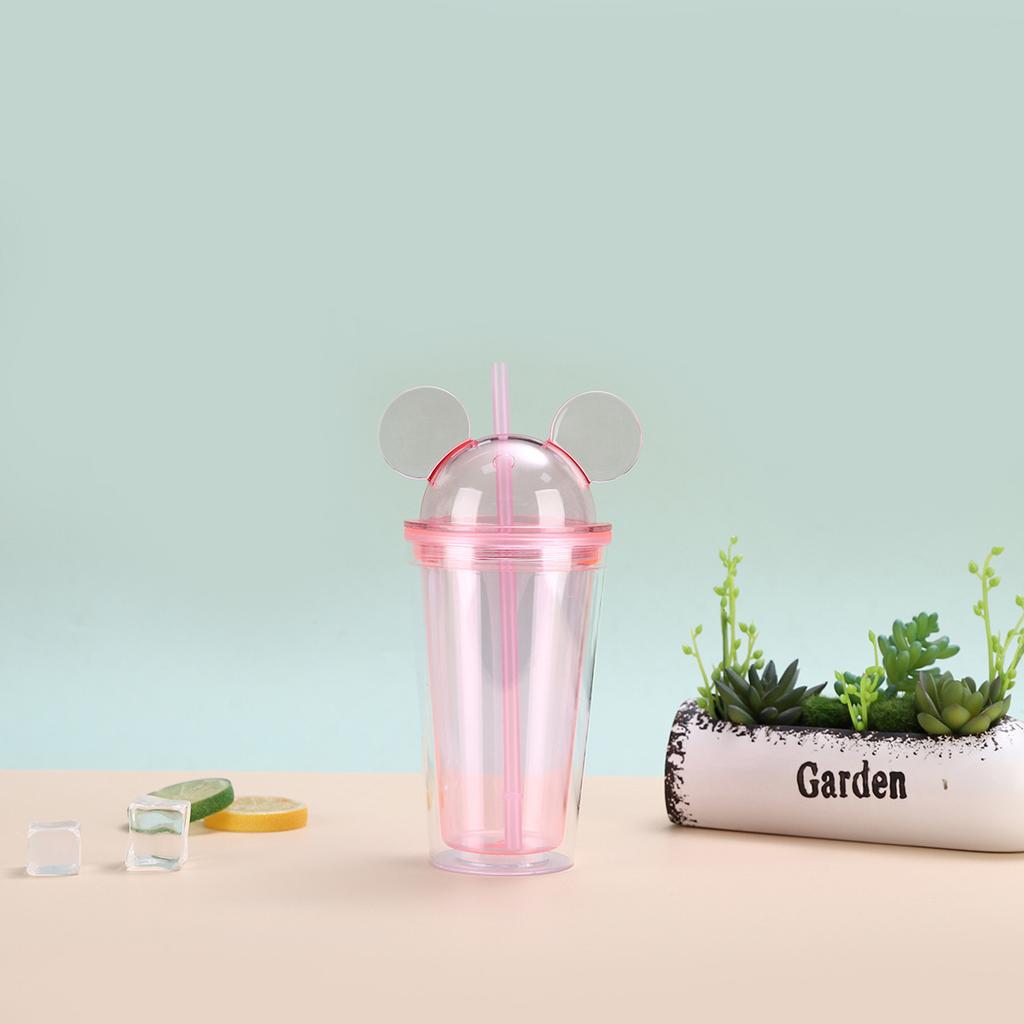 Water Bottle Mickey Mouse Cover Cute Straw Cup Portable Leak-proof Double-layer Plastic Cup Outdoor Gift Cup LOGO
