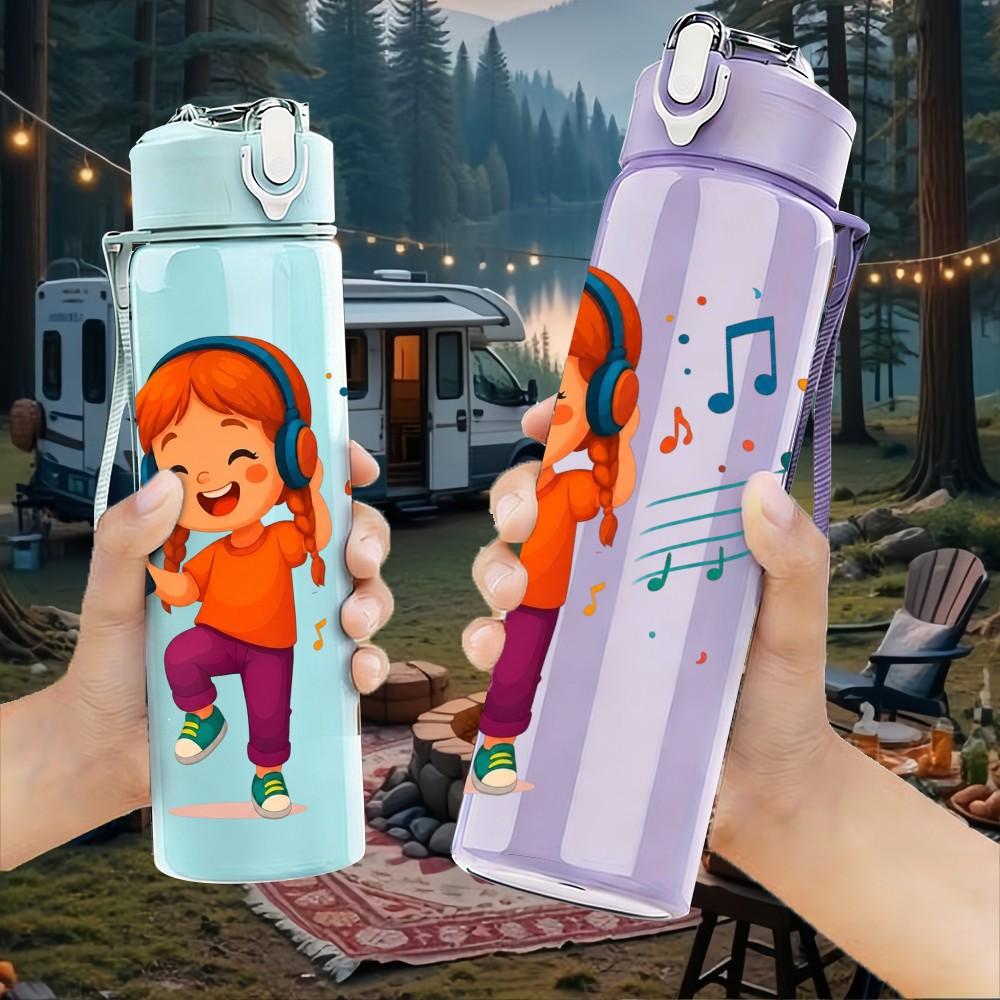 1PC Dancing Girl Music Character 750ml Color Plastic Sports Water Bottle Leakproof Flip Straw Lid Suitable for Sports Office Home Use