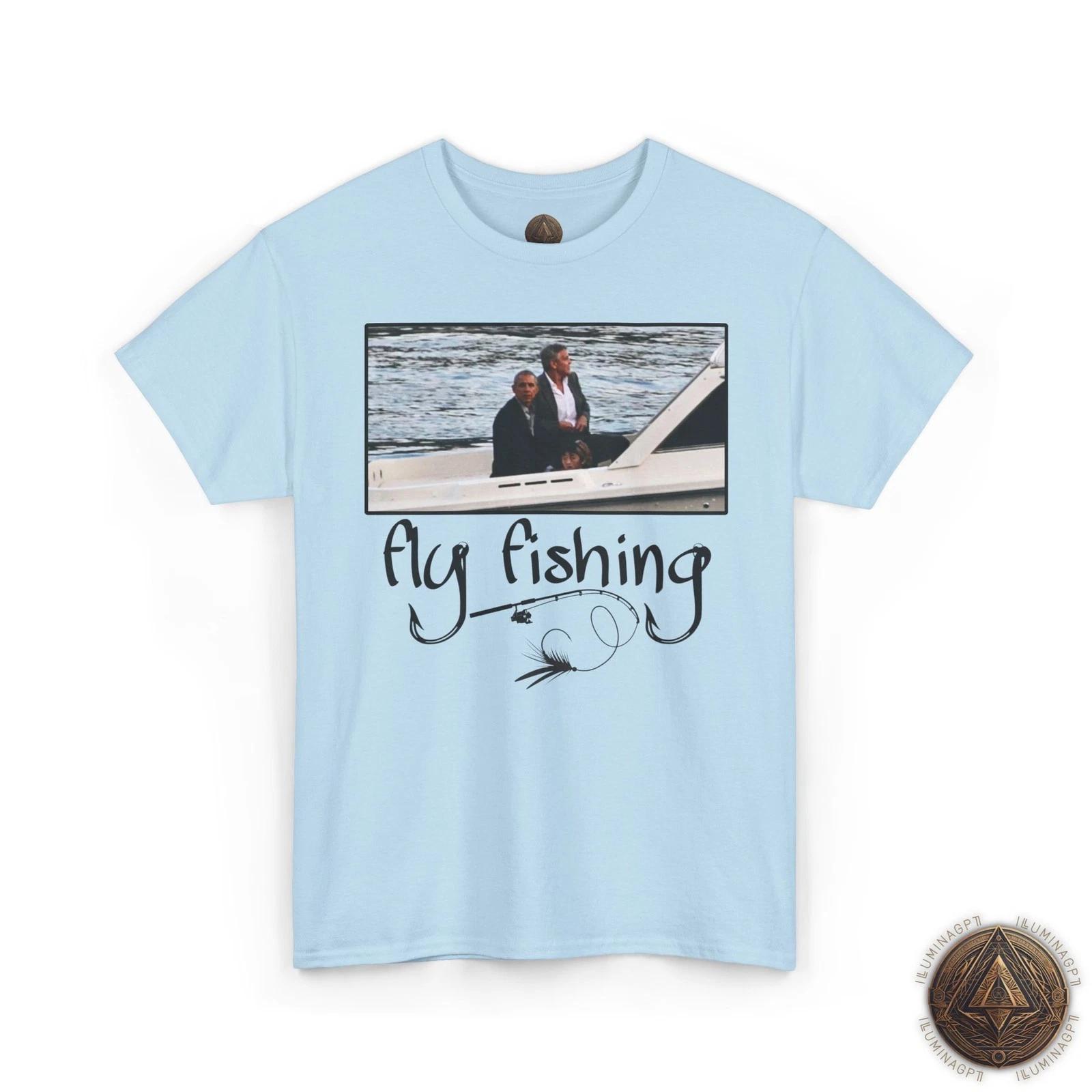 

Fly Fishing T shirt, Barack Obama George Clooney Boat Picture Conspiracy Tee 4XL