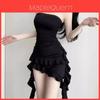 Polyester Slim Fit Black Short Dress With Offshoulder And 3d Pattern For Summer 2024