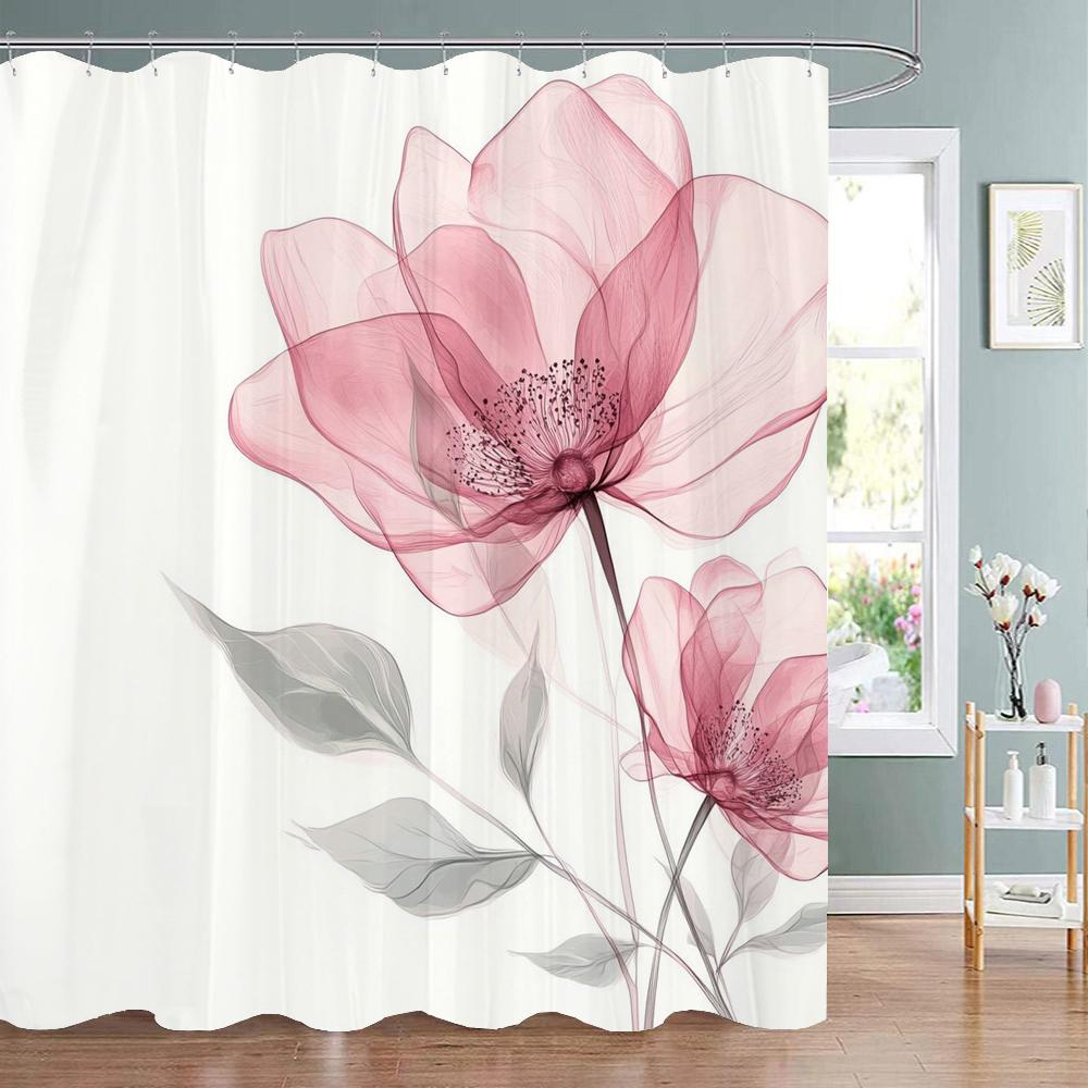 Colorful Flowers Shower Curtain for Bathroom Pink Floral Romantic Plants Nature Scenery Decor Shower Curtain with Hooks