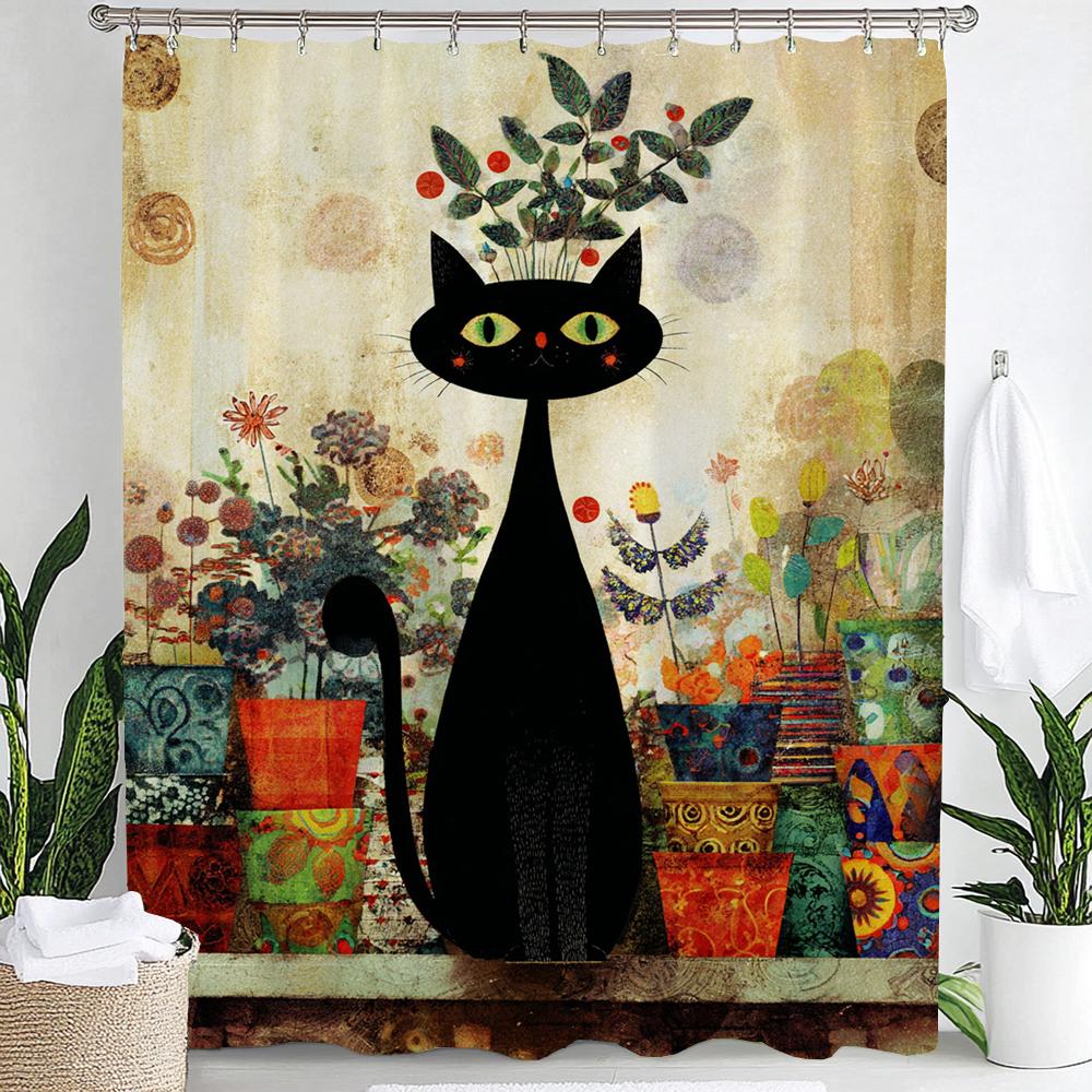 

Funny Cat Shower Curtain Colorful Flowers And Cartoon Cat Animal Shower Curtains For Bathroom Classy Shower Curtain With Hooks W60H190(CM)-1 Pcs