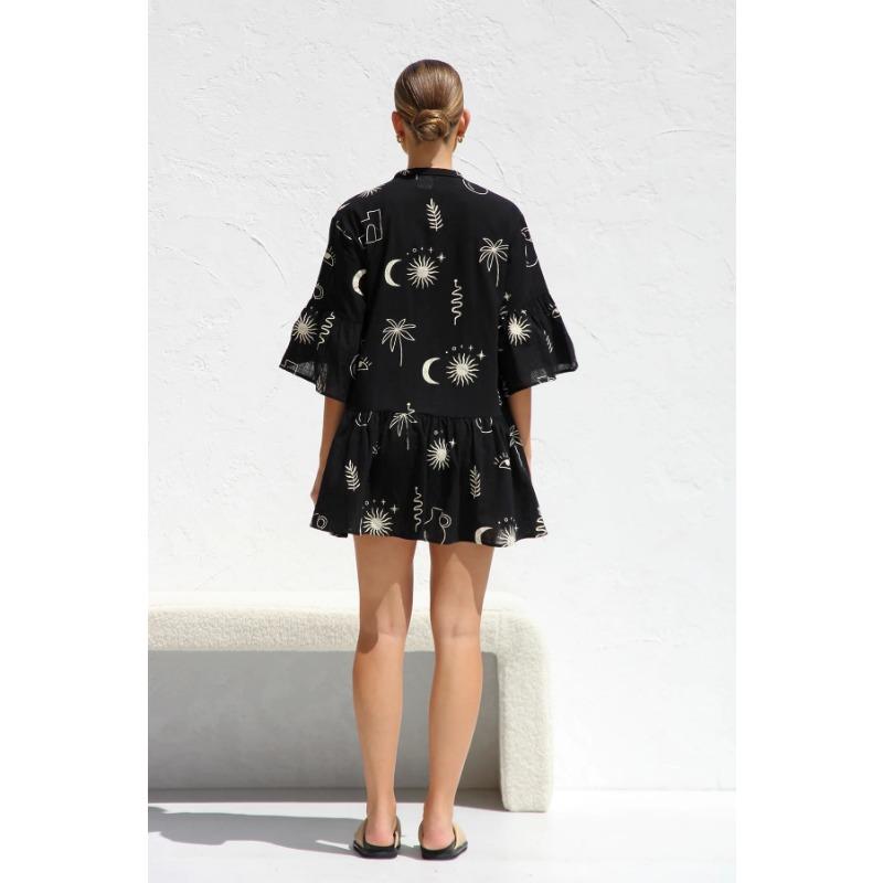 VEZFAA Women's Fashion Summer Spring 1/2 Sleeves POLO Neck Loose Waistline Casual Dresses