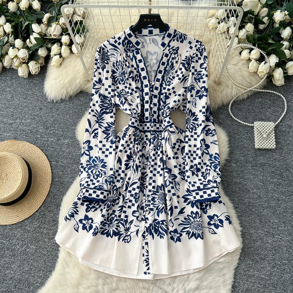 

Весна Осень Женское Винтажное Платье Дизайнерское Подиумное Платье с Полным Рукавом Однобортное Вечерние Платья XXL синий