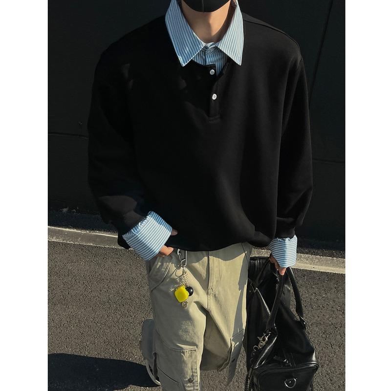 Fake Two Piece Patchwork Turn Down Collar Loose Long Sleeve Casual Hoodless Mens Sweatshirt