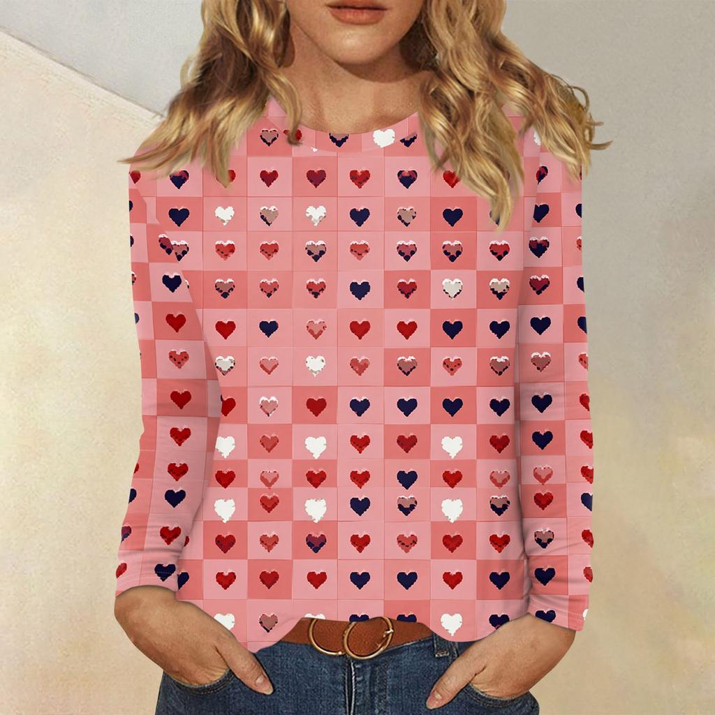 Damen Valentinstag Modisches Herzmuster Rundhals Langarm Pullover Top