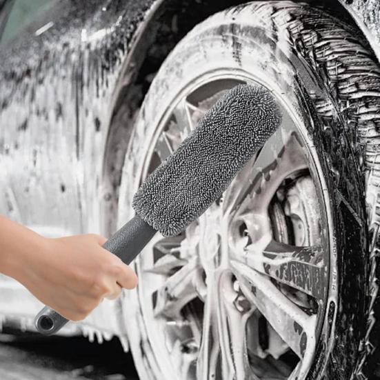 Microfiber Tire Brush with Long Handle Car Wheel Cleaning Tool with Soft Bristles Scratch-Free Essential Auto Detailing Accessory